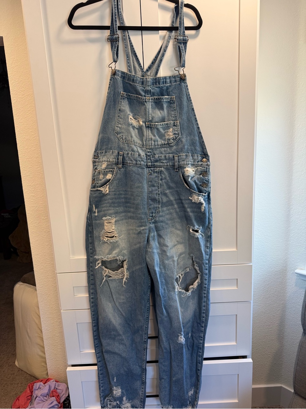 Free people Distressed Light Blue Denim Overalls